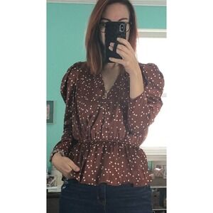 Scoop Puff Sleeve Peplum Top Brown Polka Dot Wrap V-Neck Blouse SS-481 NEW‎